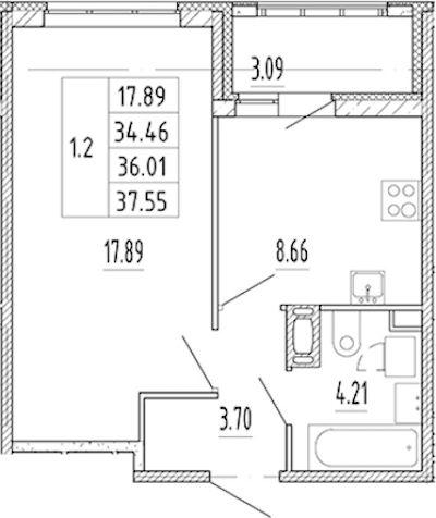 1-комнатная квартира 34.46 м², 10/12 эт., ЖК «Полис Приморский 2»